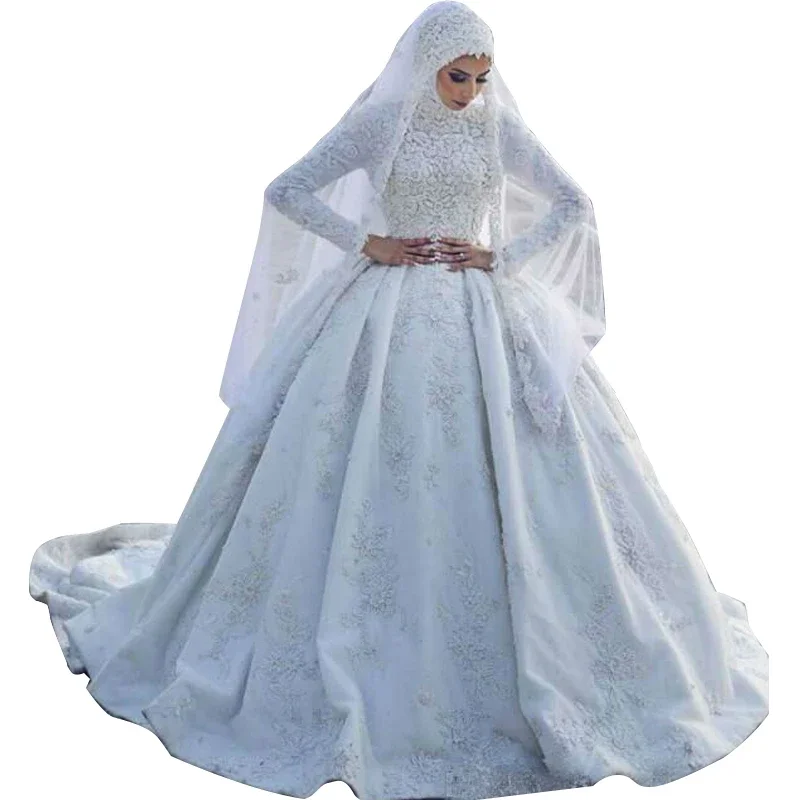 Nádherná Čipka Appliqued Moslimských Plesové Šaty, Svadobné Šaty S Hidžáb Vysoká Krku Opuchnuté Svadobné Šaty Dlhé Rukávy Svadbu