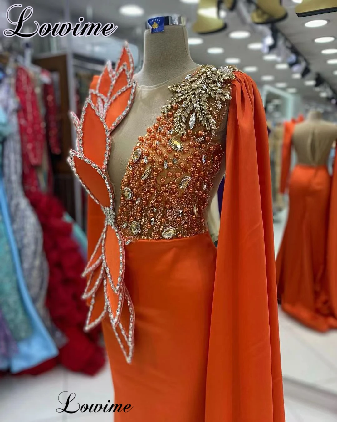 Orange Morská Víla Celebrity Šaty S Kryštály Dlhé Rukávy Formálne Príležitosti Šaty Vestidos De Gala Perly Večerné Šaty