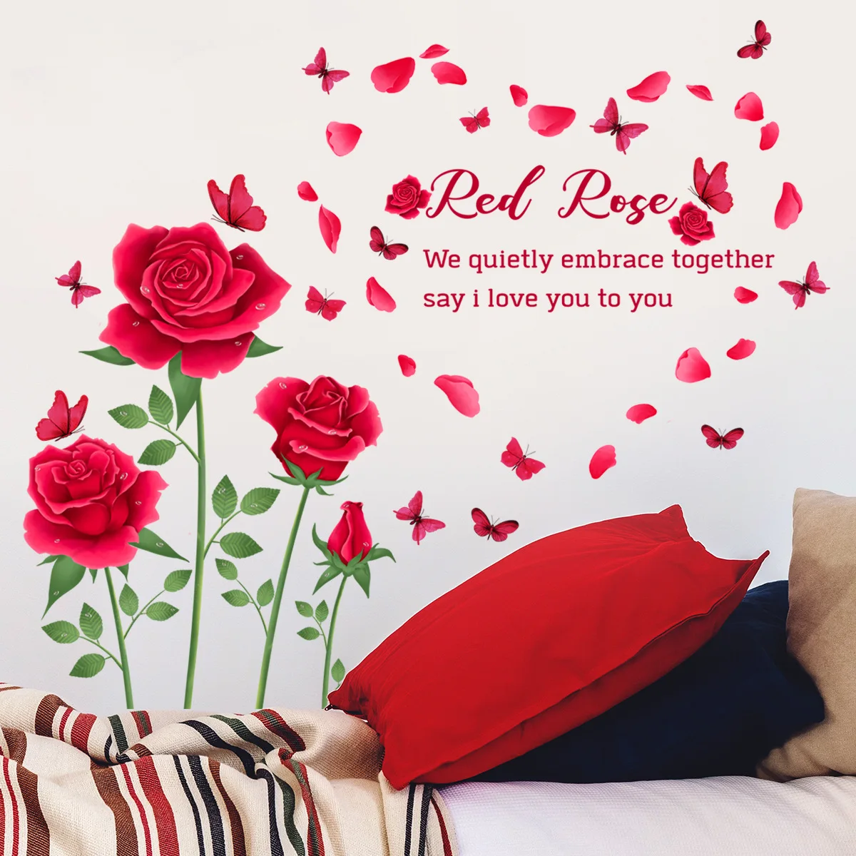 Červená Modrá Ruža Kvet, Motýľ anglické Príslovia Samolepky na Stenu Miestnosti Dekorácie Samolepky na Stenu ako samolepiace